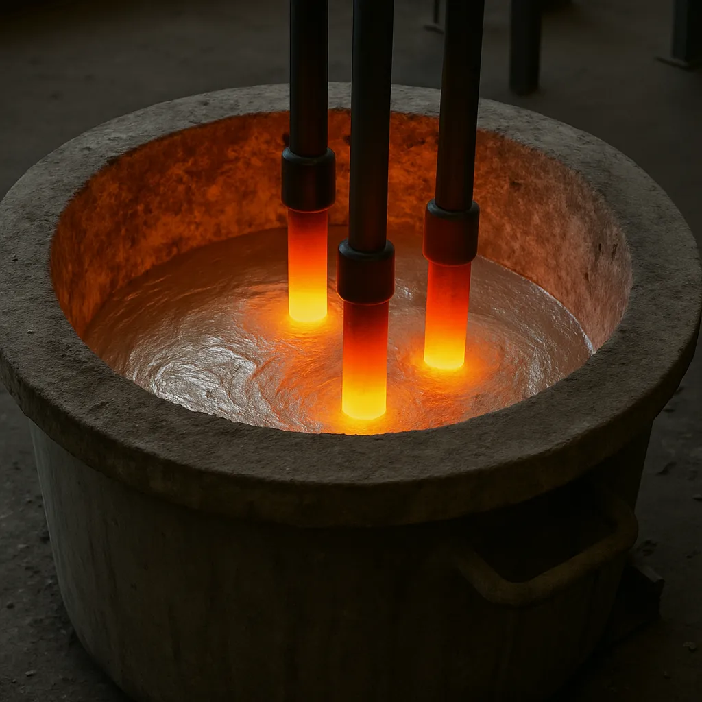 Immersion heating rods glowing inside molten bath